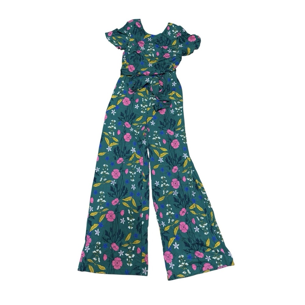 Boden Floral Camille Belted Jumpsuit Green Jersey Wide Leg size US 8T